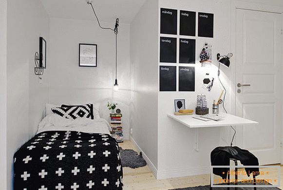 Dormitorio pequeño con estilo en colores blanco y negro