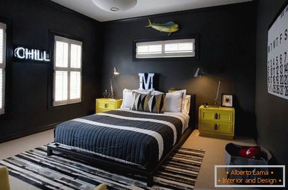 Papel pintado negro para un dormitorio en un estilo moderno