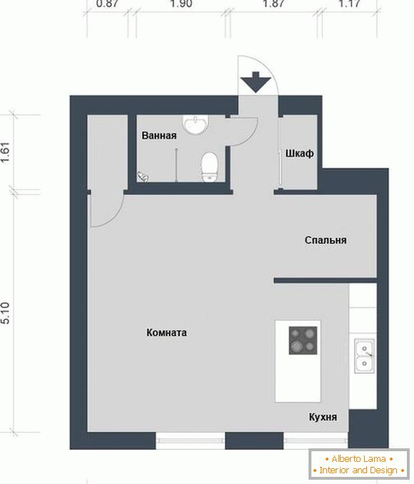 Diseño del apartamento 42 metros cuadrados. m.