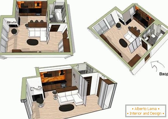 El plan de un pequeño apartamento de 34 metros cuadrados. m.