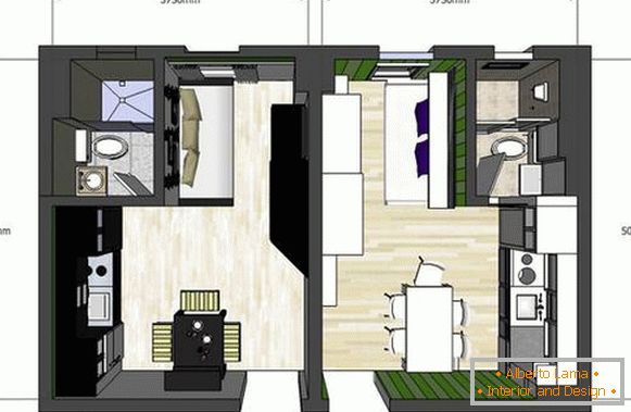 El diseño de los apartamentos vecinos de una habitación