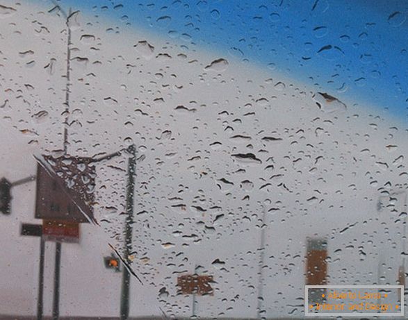 Vista desde el coche bajo la lluvia, pintura al óleo