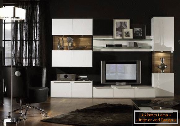 Fondos de pantalla negros para muebles modulares blancos en la sala de estar