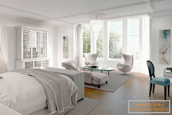 Dormitorio gris blanco con hermosos muebles