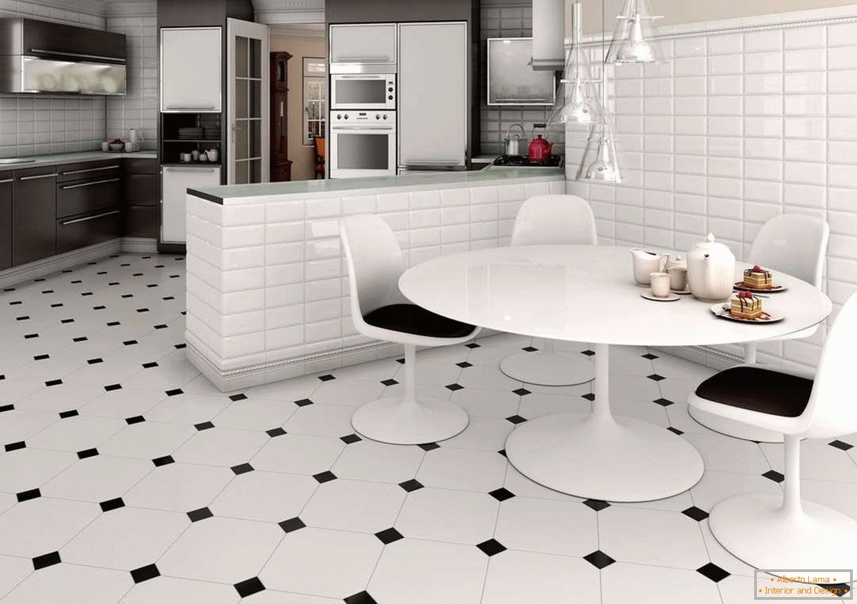 Azulejos blancos y negros en el piso de la cocina