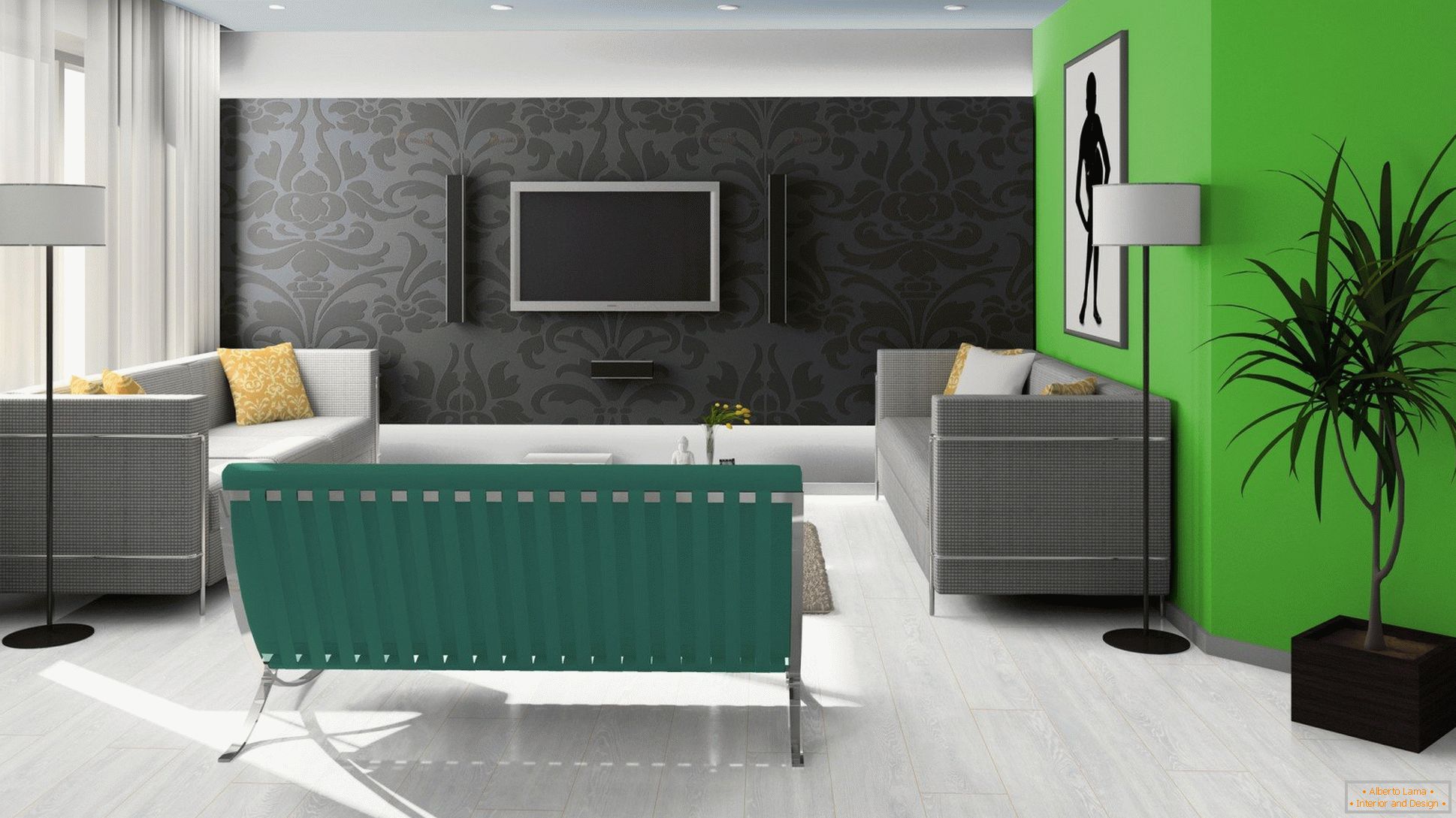 Negro, verde y blanco en el diseño de la sala de estar