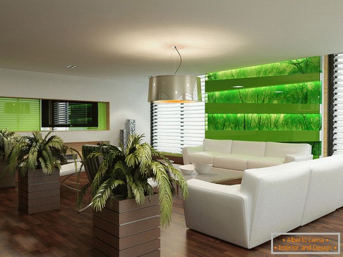 El estilo ecológico en el interior de la sala de estar ayuda a los propietarios de apartamentos y a sus huéspedes a escapar del alboroto de la ciudad.