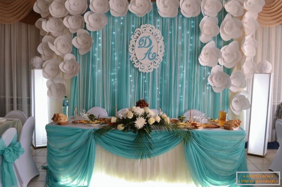 Colores blanco y turquesa en la decoración del salón de bodas