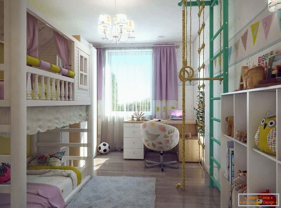 Habitación para niños en Khrushchev con dos literas y una pared sueca