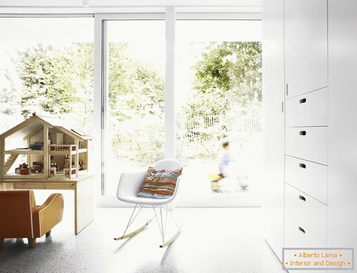 El piso y las paredes en el cuarto de niños en el estilo minimalista deben ser monofónicos. Como la iluminación es mejor utilizar una araña de techo pequeña o iluminación puntual LED. 