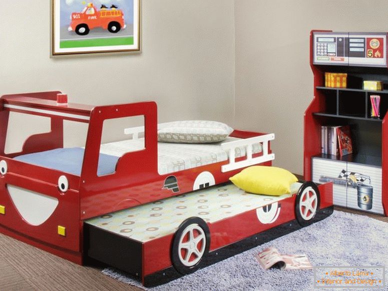 divertido-cool-kid-beds-design-with-red-wood-laminate-fire-truck-equipped-sliding-and-storage-cabine camas para niños decoración del hogar target-home-decor-rustic-yosemite-decoration-decorators -outlet-and-fetco
