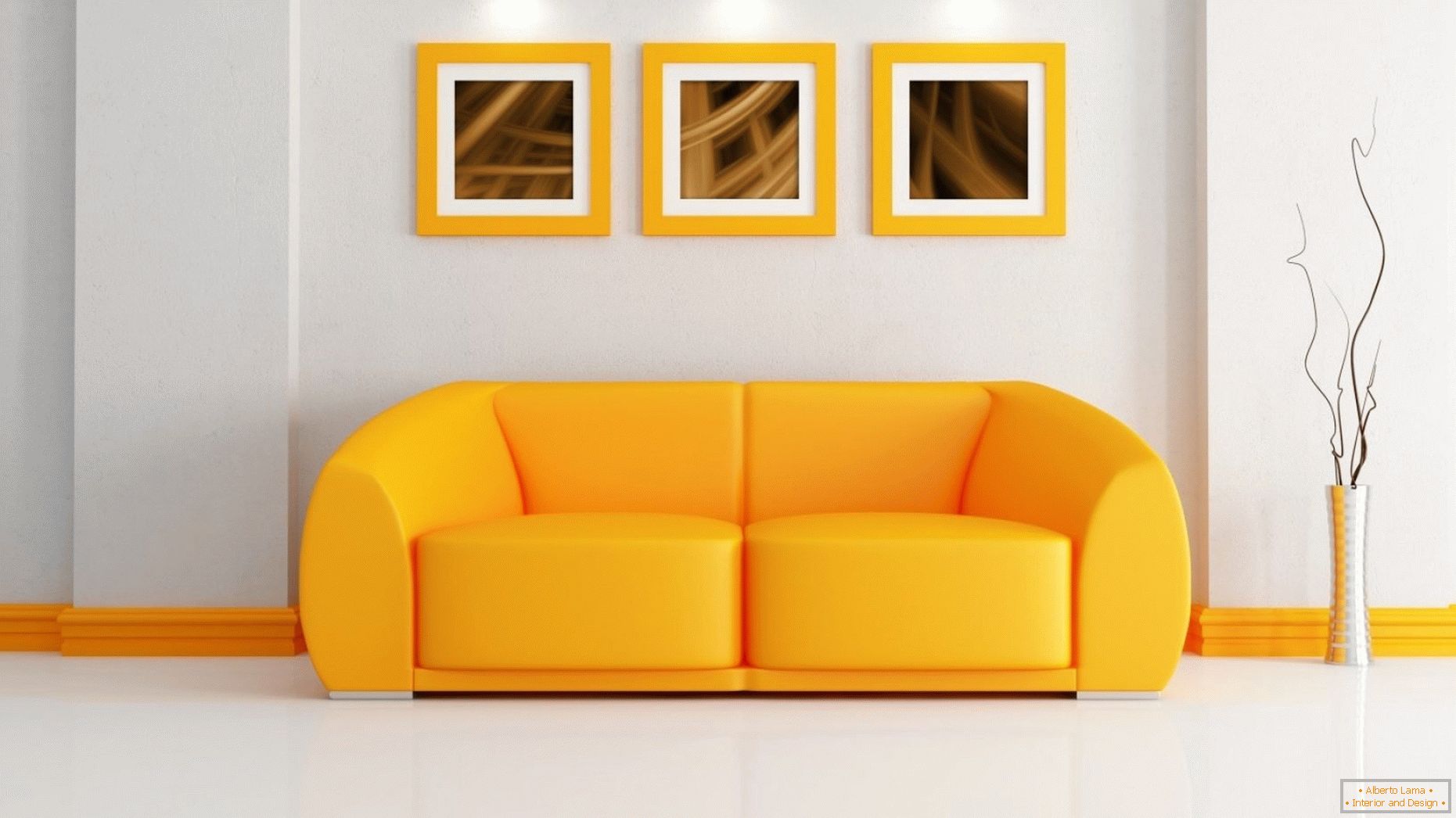 Interior luminoso con un sofá naranja