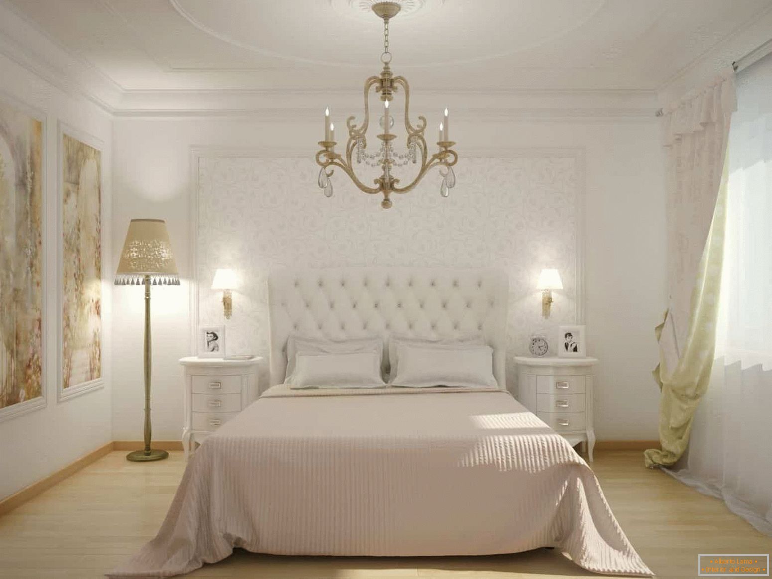 Dormitorio blanco clásico con un panel en la pared