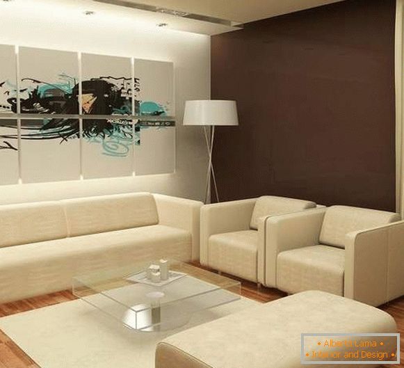 Diseño de una sala de estar moderna en una casa privada con muebles tapizados en blanco