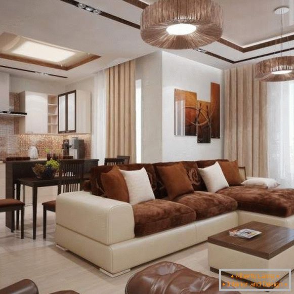 Diseño de sala de estar moderna en una casa privada en color blanco y marrón