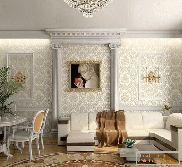 Diseño clásico de la sala de estar en una casa privada con decoración de estuco