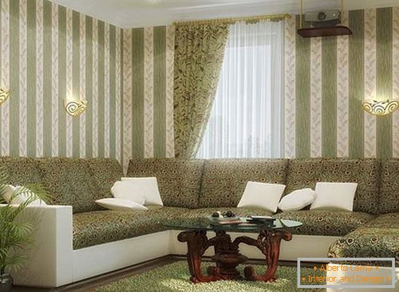 El diseño de la sala de estar en una casa privada en colores blanco y verde