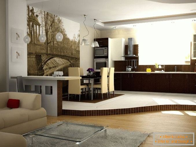 Zonificación de la sala de estar en diferentes colores en las paredes y pisos