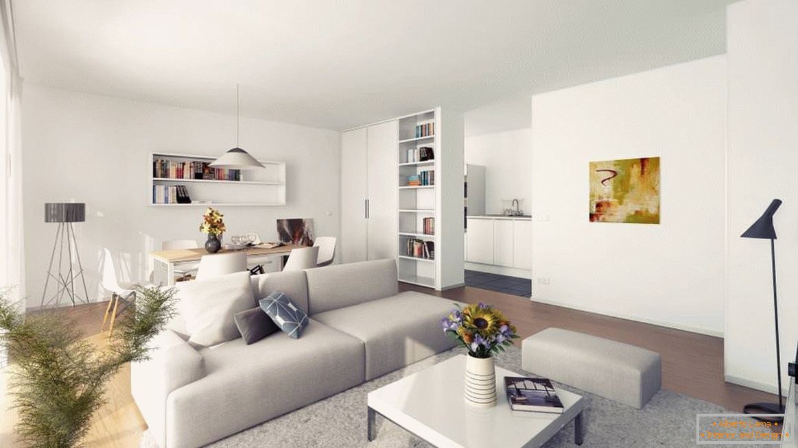 Techo blanco en la sala de estar en un estilo minimalista