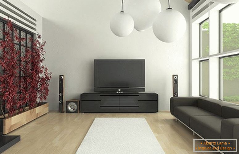 Muebles oscuros en la sala de estar en estilo minimalista