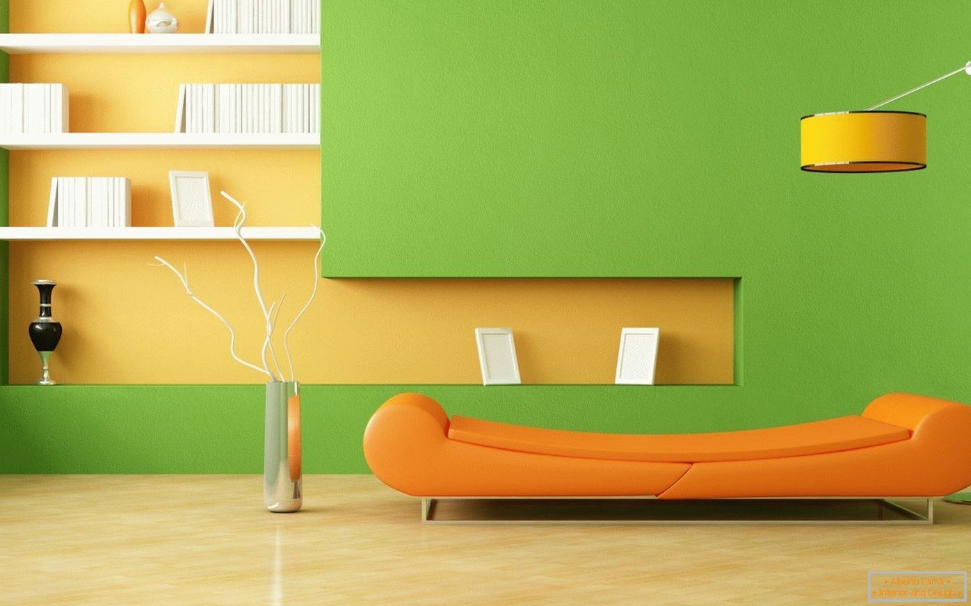 Sofá naranja y paredes verdes
