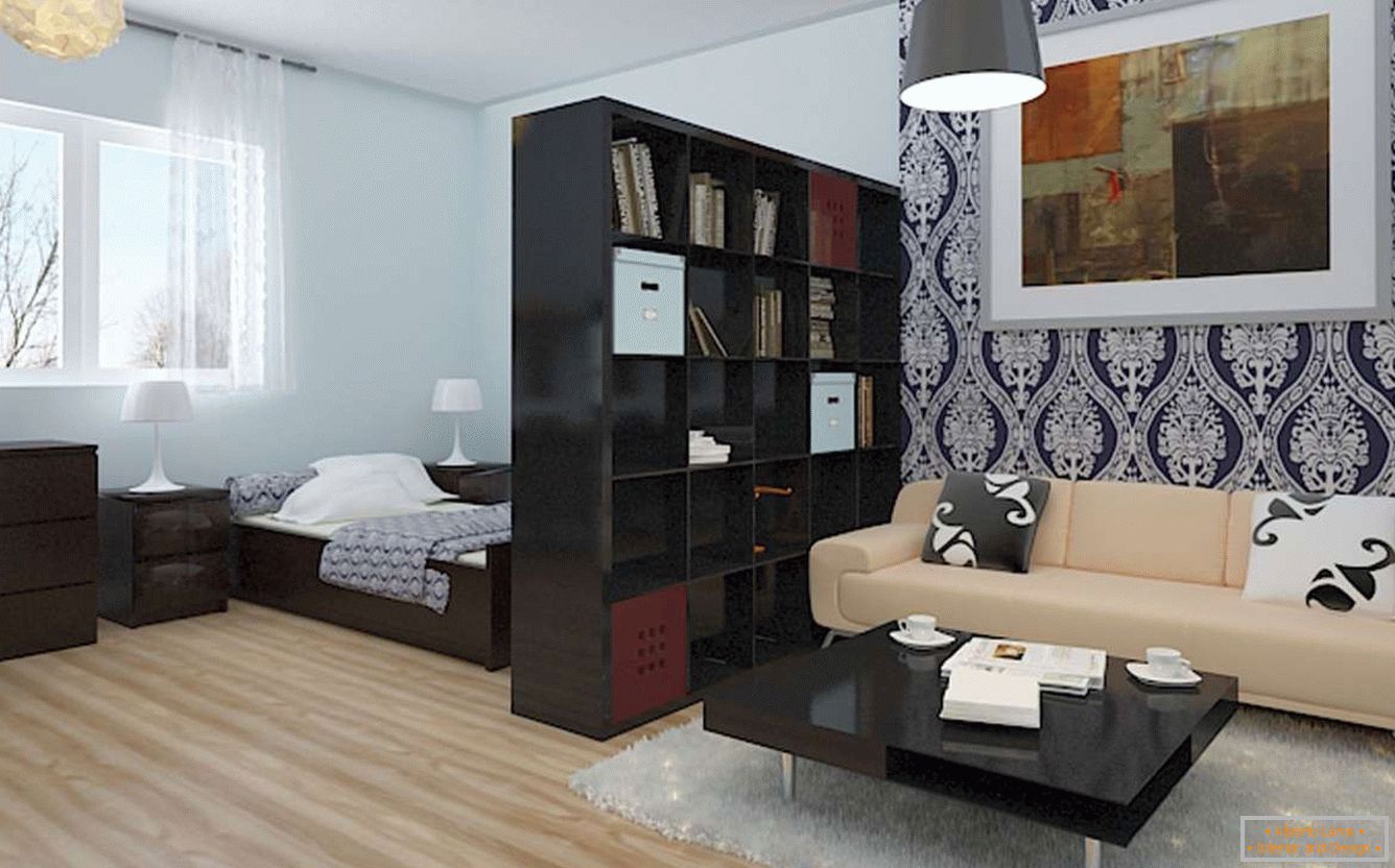 Foto de un interior de un dormitorio y un salón en un apartamento de 1 habitación