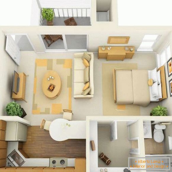 Proyecto de diseño para el interior de un apartamento de una habitación en un estilo moderno