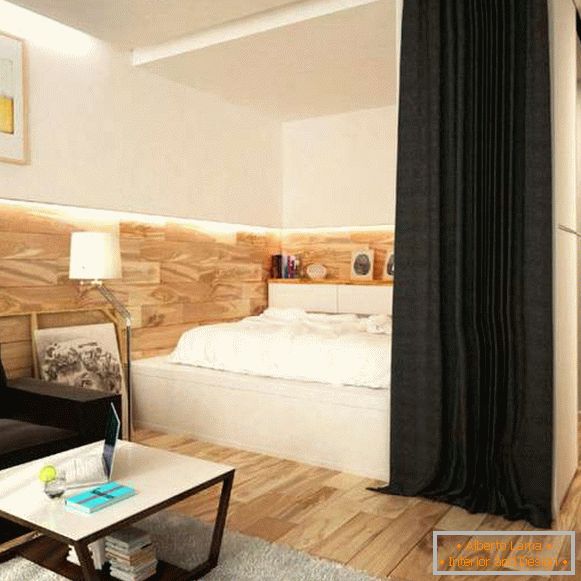 Diseño interior de un apartamento pequeño - separación del dormitorio con cortinas