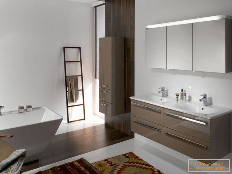 atractivo-moderno-baño-diseño-ideas-accesorios-interior-con-marrón-flotante-vanidad-armario-a lo largo de dos-blanco-lavabo-también-cromo-grifo-más-montado en la pared-rectángulo-espejo-también- blanco-libre-de pie-b