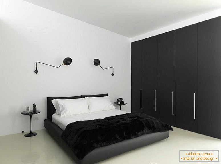 Interior de dormitorio blanco y negro