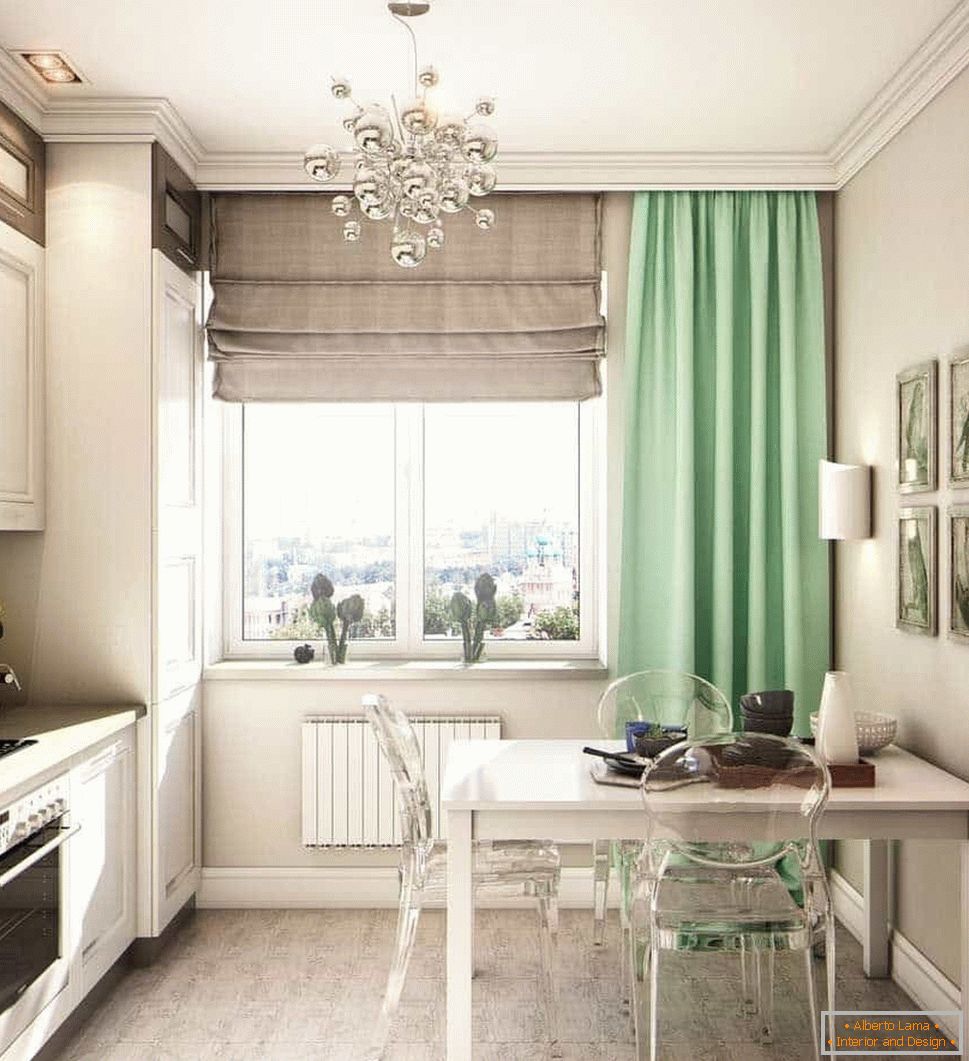 Cocina beige con cortinas verdes