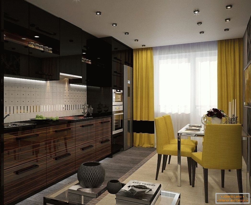 Interior negro y amarillo de la cocina