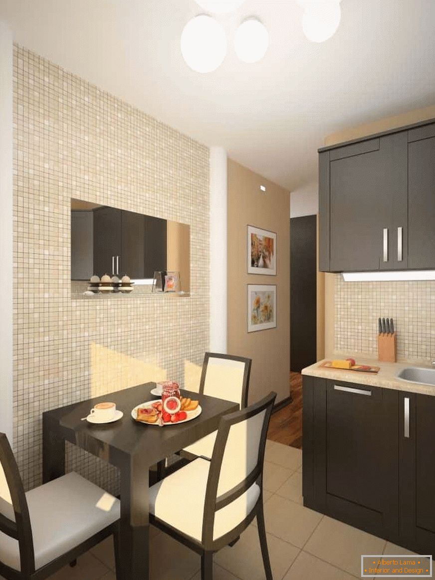 Azulejo en forma de un pequeño mosaico aumentará visualmente el área de una pequeña cocina