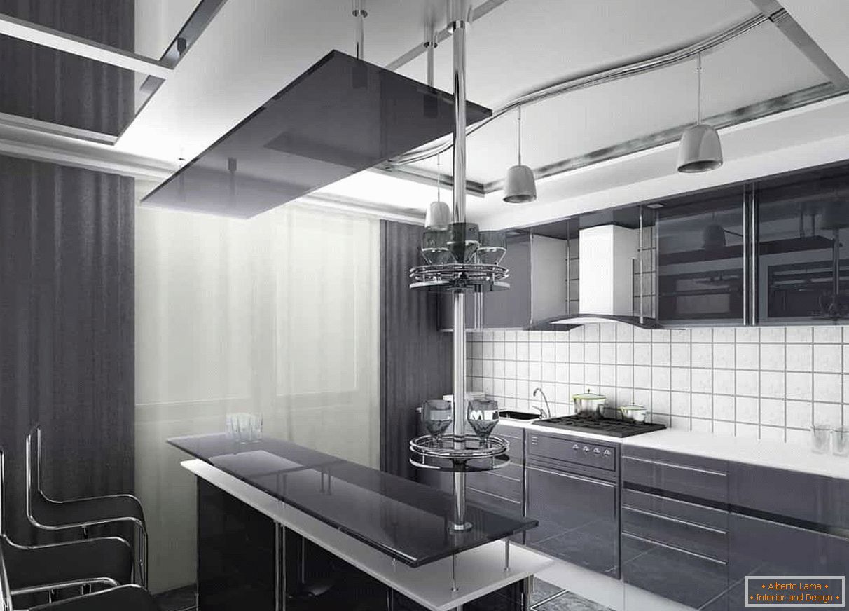 Cortinas oscuras y una fachada oscura de la cocina combinada con un delantal y techo blancos
