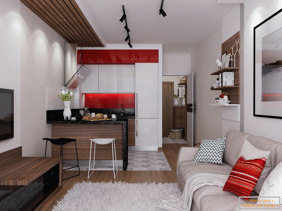 Diseño de apartamento 30 sq. M. m con acentos rojos