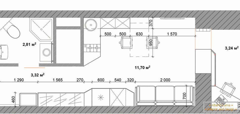 Diseño del apartamento 30 metros cuadrados. m en colores naturales con muebles