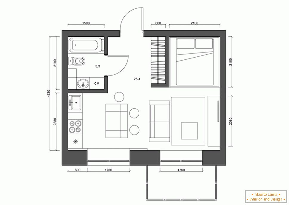 Diseño del apartamento 30 metros cuadrados. m en blanco y negro