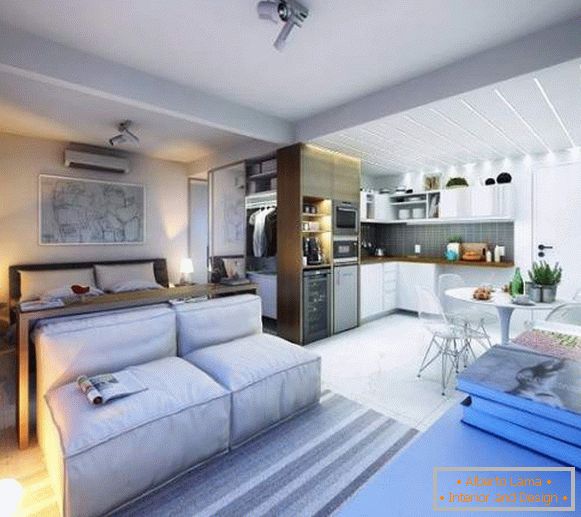 Ideas para el diseño de apartamentos tipo estudio de 30 m2 - Foto de sala de estar, dormitorio y cocina