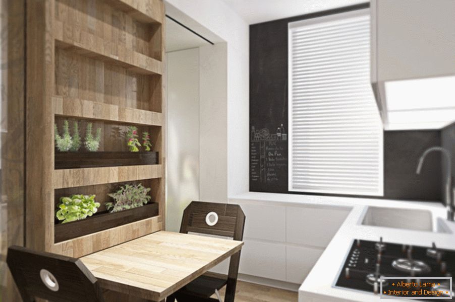 Transformador de diseño de apartamentos: un estante con plantas en la cocina