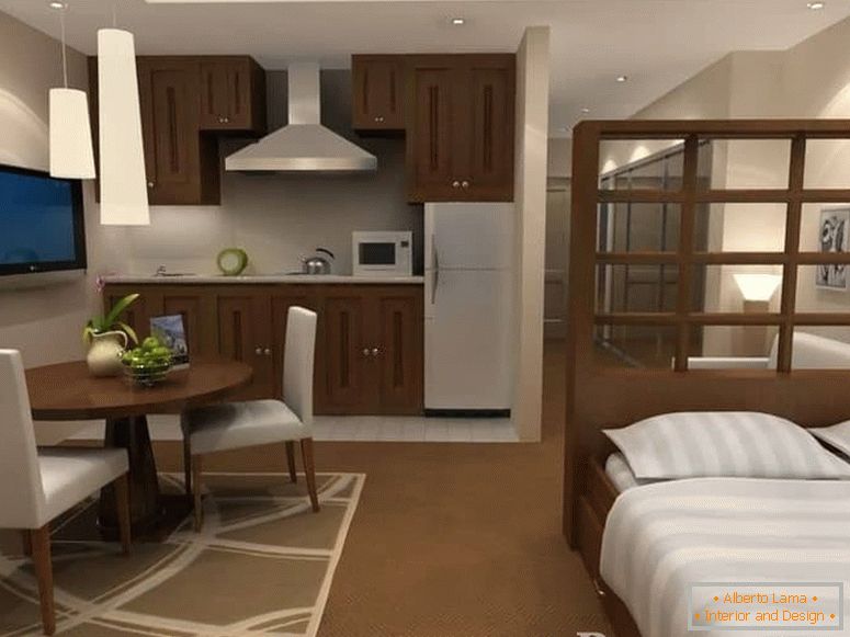 En este diseño puedes ver cómo separar el lugar para dormir en un apartamento pequeño