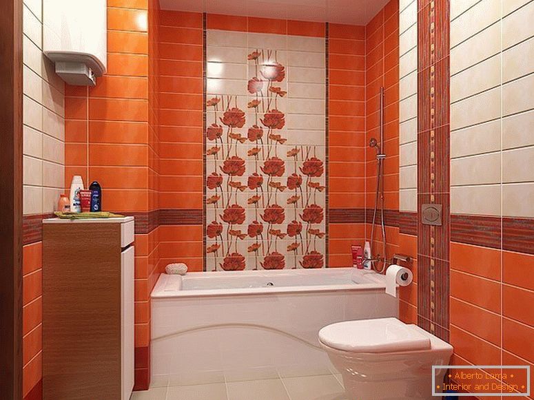 Tejas naranjas en el interior de un baño pequeño