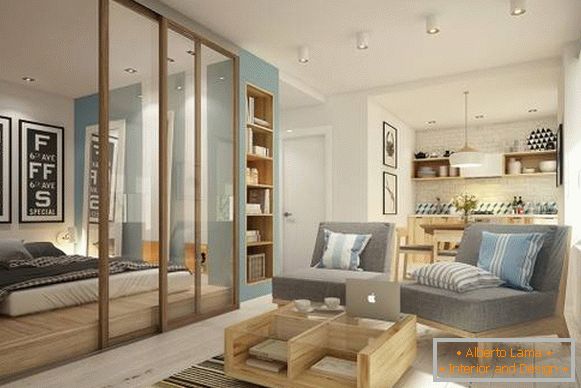 Sala de estar y dormitorio en diseño 1 habitación apartamento 40 metros cuadrados