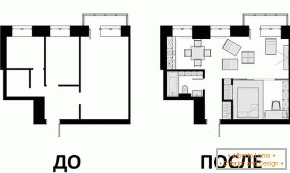 Diseño de apartamento de diseño 40 m2 - dibujo antes y después