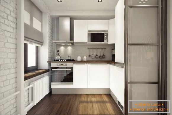 Pequeña cocina en el diseño de un apartamento de dos habitaciones de 45 metros cuadrados
