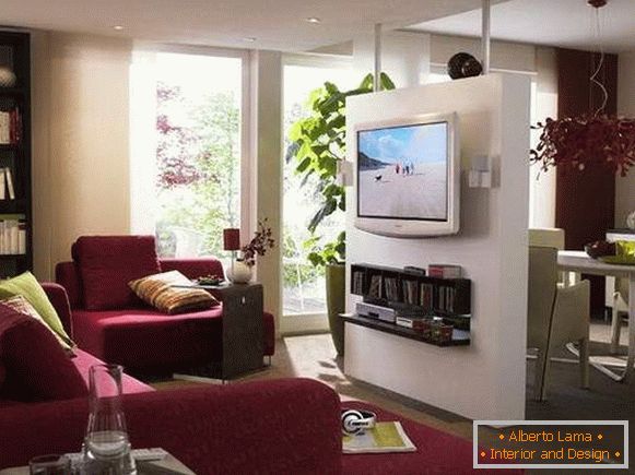 Diseño de un apartamento de una habitación - dividido en dos zonas por una partición con TV