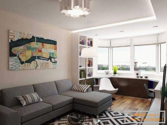 El diseño de un apartamento de una habitación con balcón se divide en dos zonas