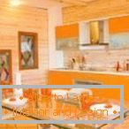 Combinación de naranja y madera en la cocina