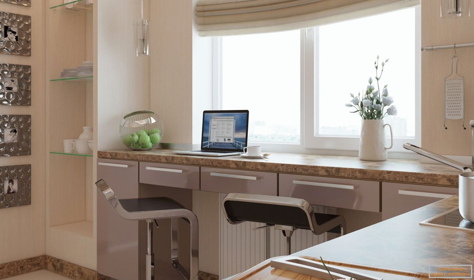 Área de trabajo en la cocina, combinada con un alféizar de ventana