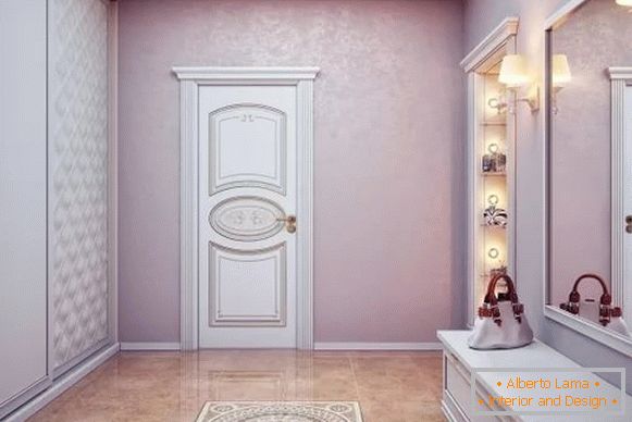 Diseño de un gran pasillo en una casa privada con un armario empotrado blanco