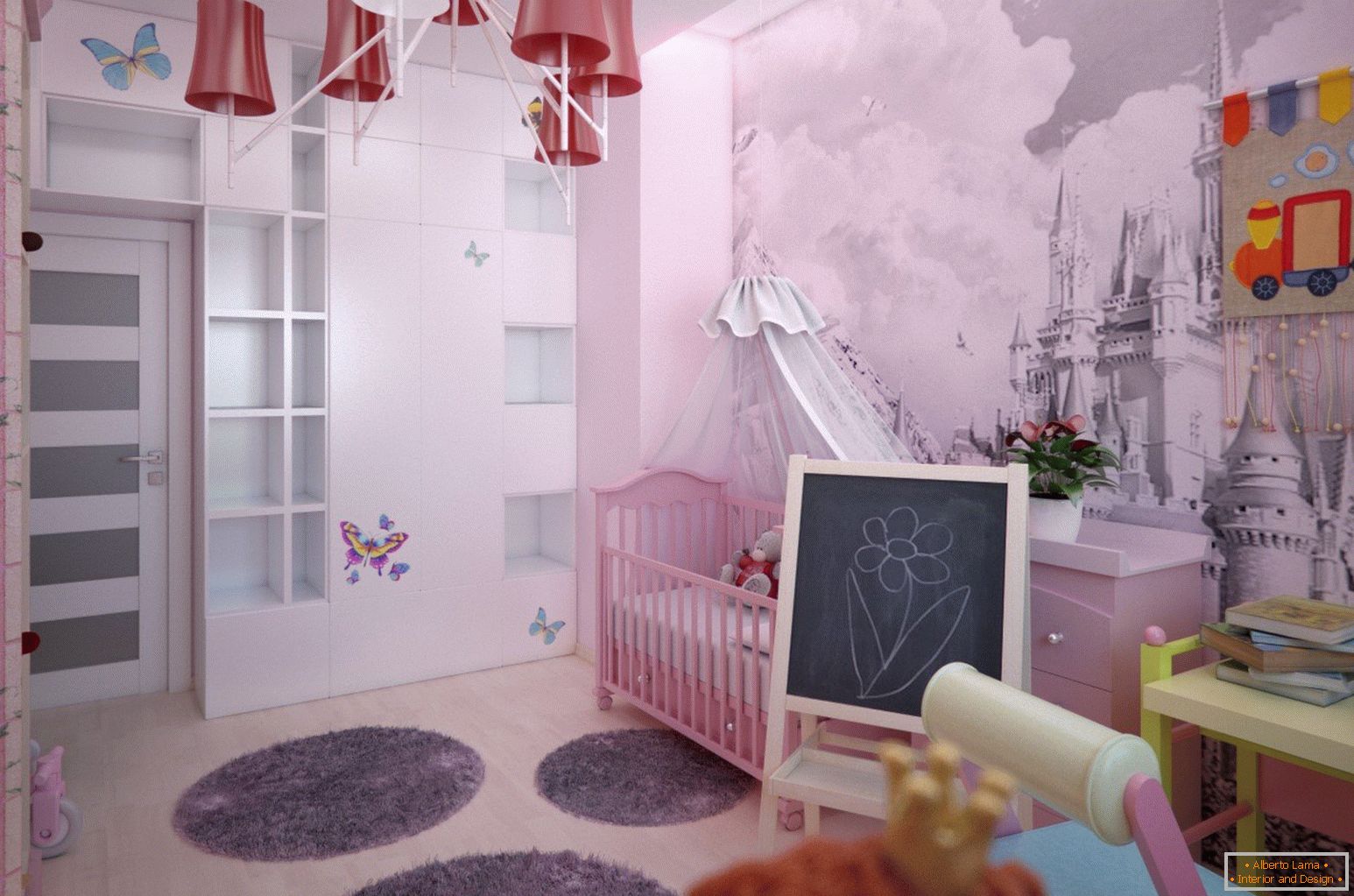 El diseño del interior de la habitación infantil de la muchacha con el castillo